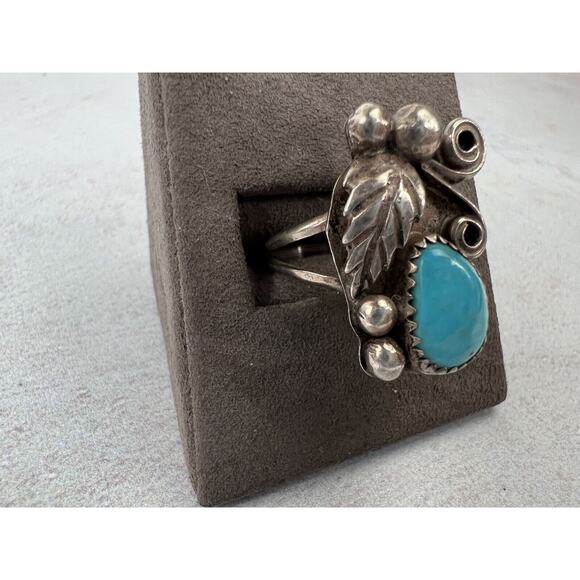 Vintage Sterling Silver Turquoise Ring - Size 7 Handmade Scroll Leaf Boho - Picture 2 of 7